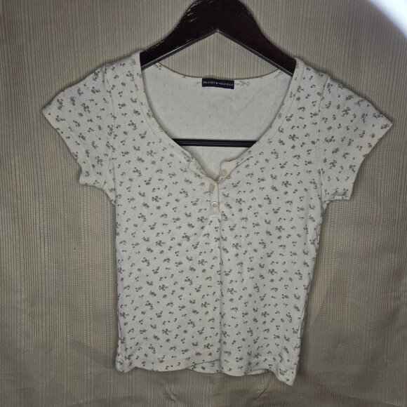 BRANDY MELVILLE WHITE COTTON FLORAL CAP SLEEVE HENLEY TOP SIZE 16 0311 - Picture 1 of 7